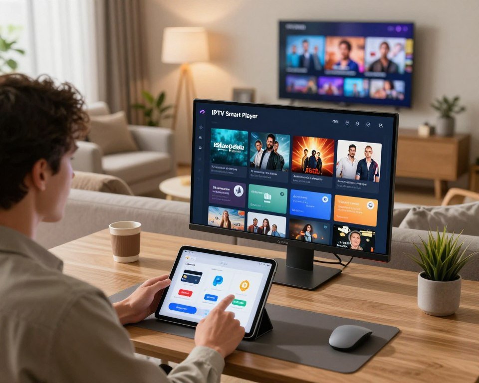 A sleek, modern digital workspace featuring a stylish desktop setup with a large screen displaying an IPTV Smart Player interface showing various subscription options for streaming services. In the foreground, a professional-looking individual in smart casual attire is interacting with a tablet showcasing different payment options, surrounded by visual elements like icons of credit cards, PayPal, and mobile payment apps. In the middle ground, a cozy living room ambiance with comfortable furniture and warm lighting sets a welcoming mood. The background displays a wall-mounted TV showing popular shows and movies available for streaming. The overall lighting is bright yet soft, creating an inviting and professional atmosphere, captured from a slight angle to enhance depth.