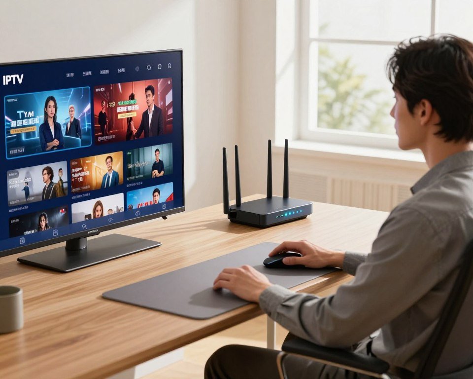 A sleek, modern home office setup that conveys optimal internet connection for streaming. In the foreground, a crystal-clear television displays a vibrant IPTV interface, showing a live streaming event. A professional person, dressed in smart casual attire, is seated on a comfortable chair, focused on the screen. In the middle ground, a high-tech router is placed prominently on the desk, with glowing indicators of strong connectivity. The background features a well-lit room with a large window, allowing natural light to flood in, enhancing a productive atmosphere. Use soft lighting to create a warm and inviting space, captured from a slightly elevated angle to emphasize the setup. The overall mood is one of efficiency and engagement, highlighting a seamless streaming experience.