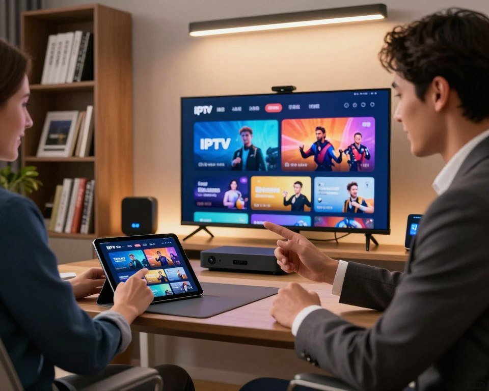 A sleek, modern home office with a high-tech vibe, showcasing a large flat-screen TV displaying vibrant IPTV content. In the foreground, a professional individual in business attire enthusiastically interacting with a tablet, symbolizing rapid service activation. The middle ground features a stylish desk with advanced streaming devices and smart gadgets, all under a warm, inviting overhead light. The background shows a well-organized bookshelf filled with technology manuals and a subtle hint of green plants for a touch of life. The atmosphere is energetic and productive, emphasizing efficiency and the excitement of instant access to media services. The composition is captured with a slightly low angle to enhance the feeling of sophistication and innovation.