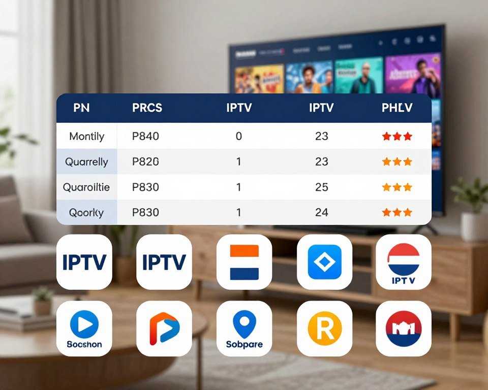A sleek, modern infographic layout representing various IPTV subscription options in the Netherlands. In the foreground, neatly arranged subscription icons, each symbolizing different plans, such as monthly, quarterly, and yearly options, designed with distinct colors and logos. In the middle section, a stylish table showcasing key features—like price, channels offered, and user ratings—incorporated into a visually engaging design. The background features subtle imagery of a living room with a large TV screen displaying vibrant IPTV content, creating a homey atmosphere. Soft, natural lighting illuminates the scene, giving it a professional yet inviting vibe. The overall mood is informative and engaging, emphasizing clarity and organization without any text or distractions.