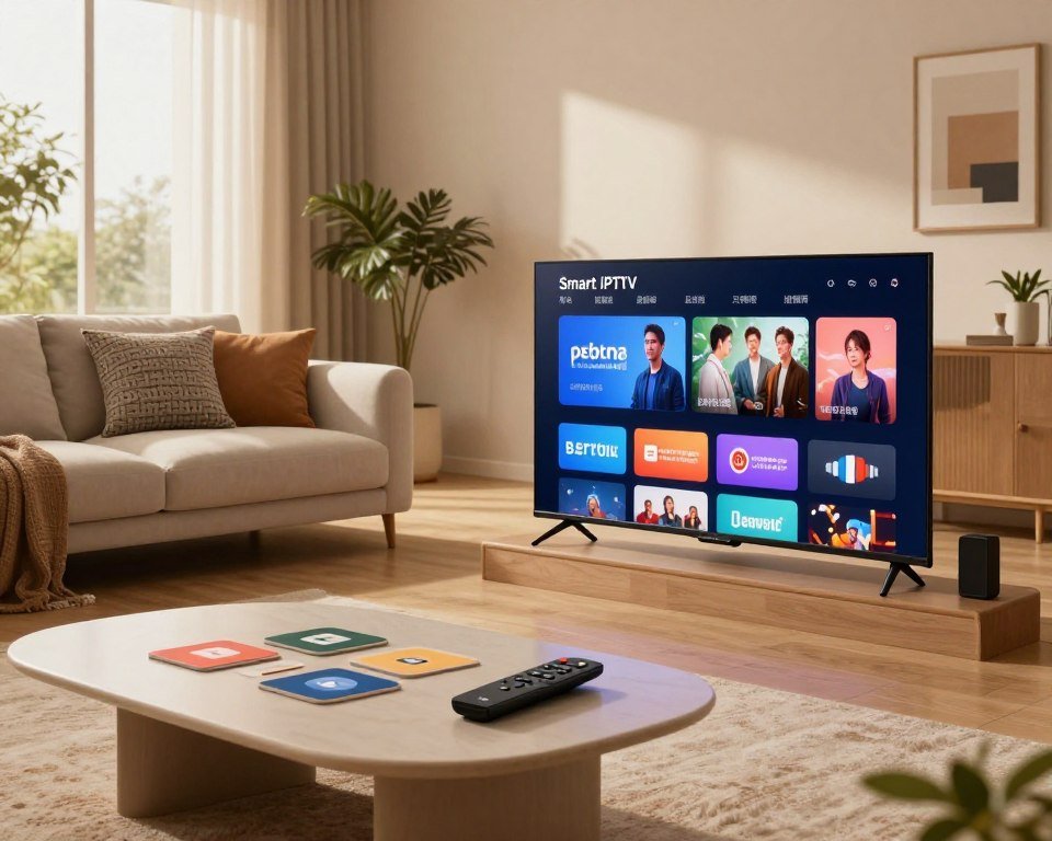 A sleek, modern living room featuring a high-end Smart IPTV setup. In the foreground, a stylish television displays vibrant streaming content, with a remote control elegantly placed beside it. The middle layer showcases a plush sofa adorned with decorative cushions, complemented by a chic coffee table holding a few popular streaming service icons subtly illustrated on coasters. The background features large windows, letting in soft, natural light that creates a warm, inviting atmosphere. The room is decorated with minimalistic artwork and houseplants, enhancing the contemporary feel. The overall mood is cozy yet sophisticated, highlighting the premium quality and advantages of Smart IPTV technology. The lighting is soft and diffused, giving a gentle glow to the scene, evoking a sense of comfort and modernity.
