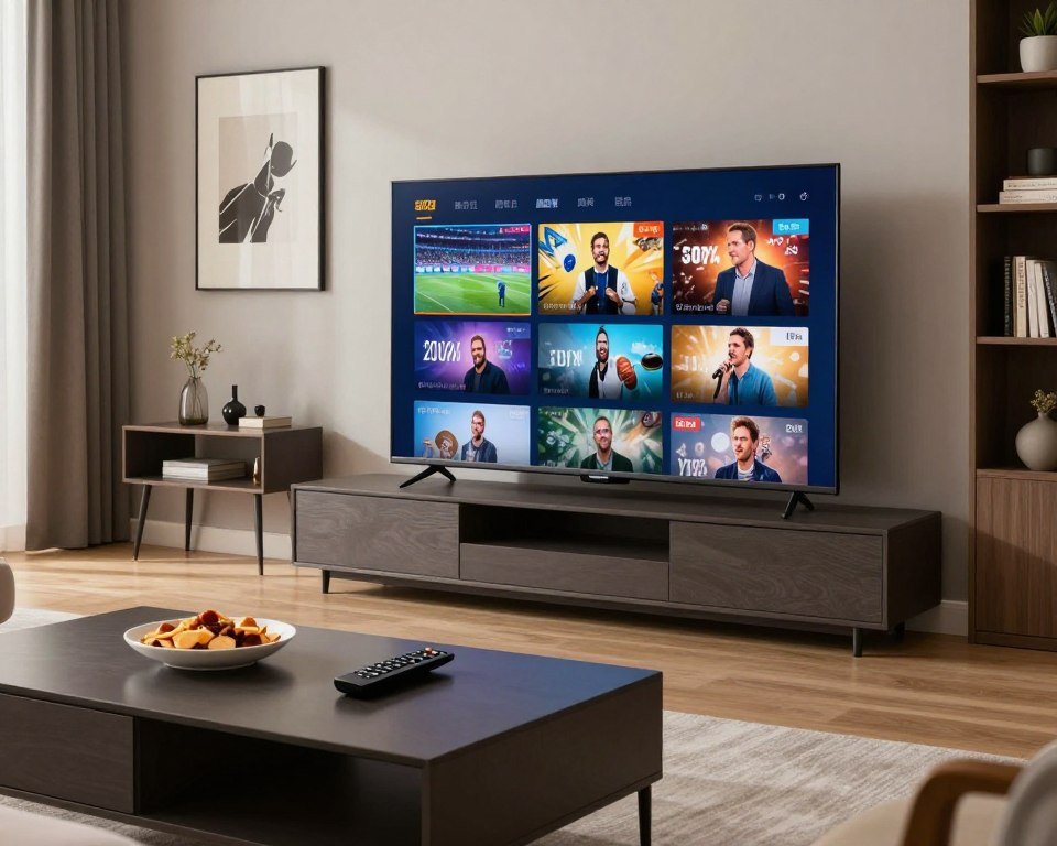 A sleek, modern living room setting showcasing a high-resolution television displaying vibrant IPTV content, emphasizing the concept of premium features and quality. In the foreground, a stylish coffee table with a remote control and snacks, suggesting a relaxed viewing experience. The middle ground features the television with dynamic visuals, like sports highlights and documentaries, illuminated by soft ambient lighting. In the background, elegant decor, such as framed art and a bookshelf, creates an inviting atmosphere. Use natural lighting to highlight the textures of the furniture, and capture the scene from a slightly elevated angle to showcase the entire room. The overall mood should convey comfort, sophistication, and the joy of entertainment.