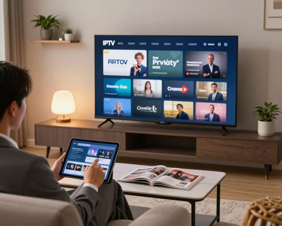 A sleek, modern living room setting showcasing a large flat-screen television displaying an IPTV interface. In the foreground, a person in professional business attire sits comfortably on a chic sofa, attentively using a tablet to navigate through various streaming options, symbolizing user engagement and privacy. The middle ground highlights a stylish coffee table with a few open magazines on technology and privacy topics, as well as a contemporary lamp casting warm, inviting light. The background features a wall-mounted shelf with potted plants and subtle decor, creating a cozy atmosphere. The overall mood is one of safety, comfort, and privacy in a digital age, with soft, natural lighting emphasizing a reassuring ambiance.