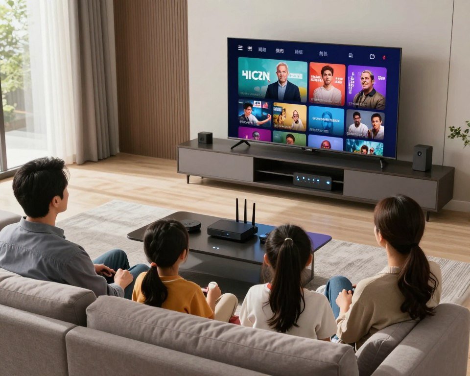 A sleek, modern living room setting where a family enjoys IPTV technology. In the foreground, a family of four is comfortably seated on a stylish couch, watching a large, high-definition television displaying vibrant streaming content. The parents are dressed in smart casual attire, while the children wear cozy, casual clothes. In the middle ground, a stylish media console houses various streaming devices and a router with glowing indicators. The background features a window with soft natural light streaming in, casting a warm and inviting atmosphere throughout the room. The scene is captured from a slightly elevated angle, showcasing the family’s engagement with the technology. The overall mood is relaxed and family-oriented, illustrating the accessibility and enjoyment of modern IPTV services.