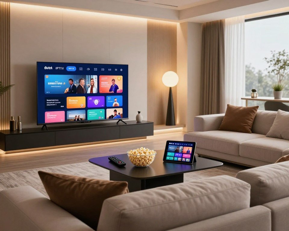 A sleek, modern living room setup featuring a premium IPTV service experience. In the foreground, a stylish flat-screen TV displays high-definition content, showcasing vibrant colors and sharp details. A comfortable, contemporary sofa is positioned in front of the TV, adorned with plush cushions. In the middle of the scene, a coffee table holds a remote control, popcorn, and a tablet displaying an IPTV interface. The background features elegant, minimalistic decor, with soft ambient lighting creating a cozy atmosphere. Large windows allow natural light to pour in, enhancing the inviting feel of the space. Overall, the mood is luxurious and sophisticated, reflecting the premium nature of Dutch IPTV services. The scene is well-composed, captured with a slight angle to showcase depth and dynamics, while remaining clean and uncluttered.