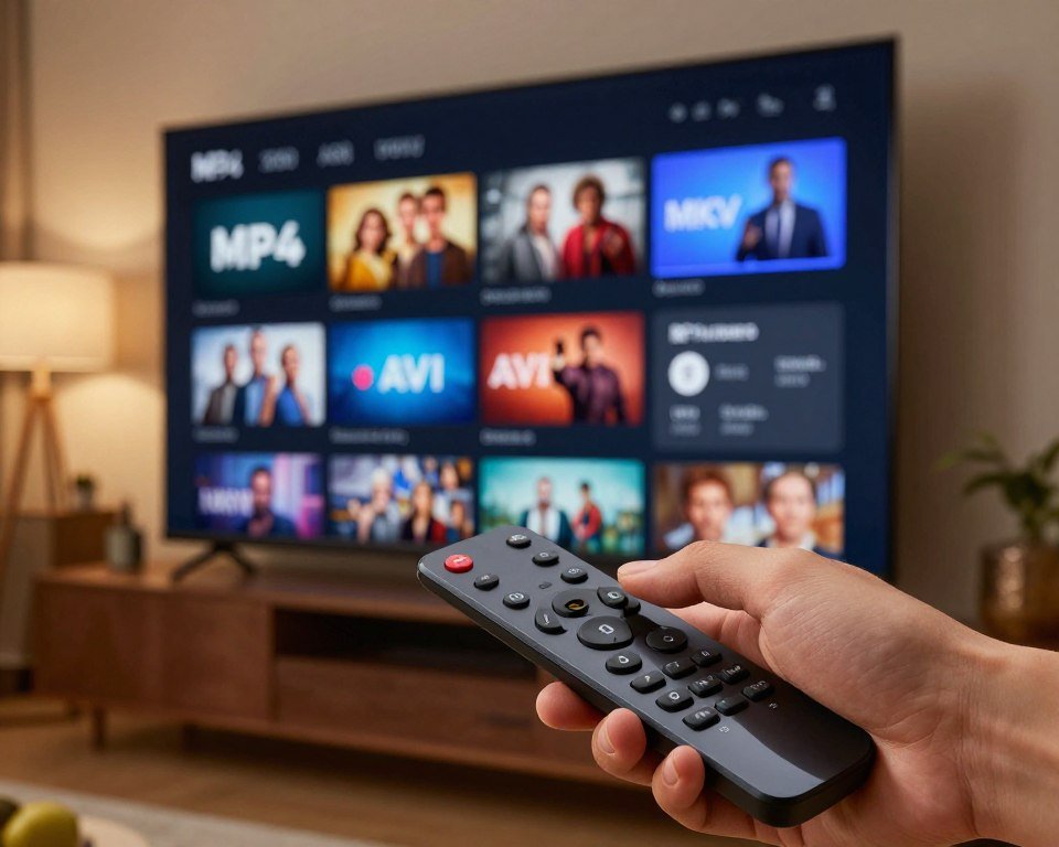 A sleek, modern media player interface displayed on a high-resolution screen, showcasing a variety of supported file formats such as MP4, AVI, and MKV. In the foreground, a hand interacts with a futuristic remote, elegantly designed, reflecting the advanced technology of the IPTV Smart Player. In the middle ground, the screen shows vibrant thumbnails of popular TV shows and movies, with a focus on a section highlighting format compatibility. The background features a cozy living room setting, softly lit with warm ambient lighting, enhancing the inviting atmosphere. The shot is taken from a slight angle to emphasize the depth of the scene, capturing a professional and engaging mood suitable for tech enthusiasts.