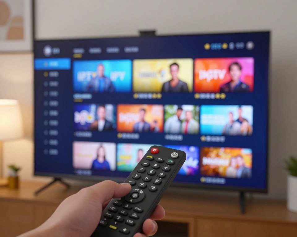 A sleek, modern media player interface displayed on a high-resolution television screen, showcasing vibrant, user-friendly design elements. The foreground features a hand holding a remote control, poised to select a program, with clear buttons and icons visible. In the middle, the TV displays a menu of popular IPTV shows, highlighted with colorful thumbnails and star ratings, emphasizing customer feedback. The background features a cozy living room setting, with soft lighting from a nearby lamp, creating a warm and inviting atmosphere. A subtle bokeh effect enhances the focus on the media player interface, while maintaining a clean and professional look. The overall mood is one of satisfaction and engagement, capturing the essence of positive user reviews and client happiness.