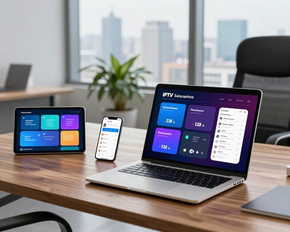 A sleek, modern workspace designed for a professional setting, elegantly displaying a comparison of IPTV subscription plans. In the foreground, a polished wooden desk showcases an open laptop with a vibrant, interactive chart comparing various streaming options and prices. To the left, a tablet displays colorful graphics illustrating different package features, while a smartphone shows ratings and reviews, all without visible text. The middle ground features a stylish office chair and a potted plant, adding a touch of greenery. In the background, a large window reveals a city skyline under soft, natural lighting, creating a calm and professional atmosphere. The camera angle is slightly above eye level, capturing the entire scene in a bright and inviting mood.