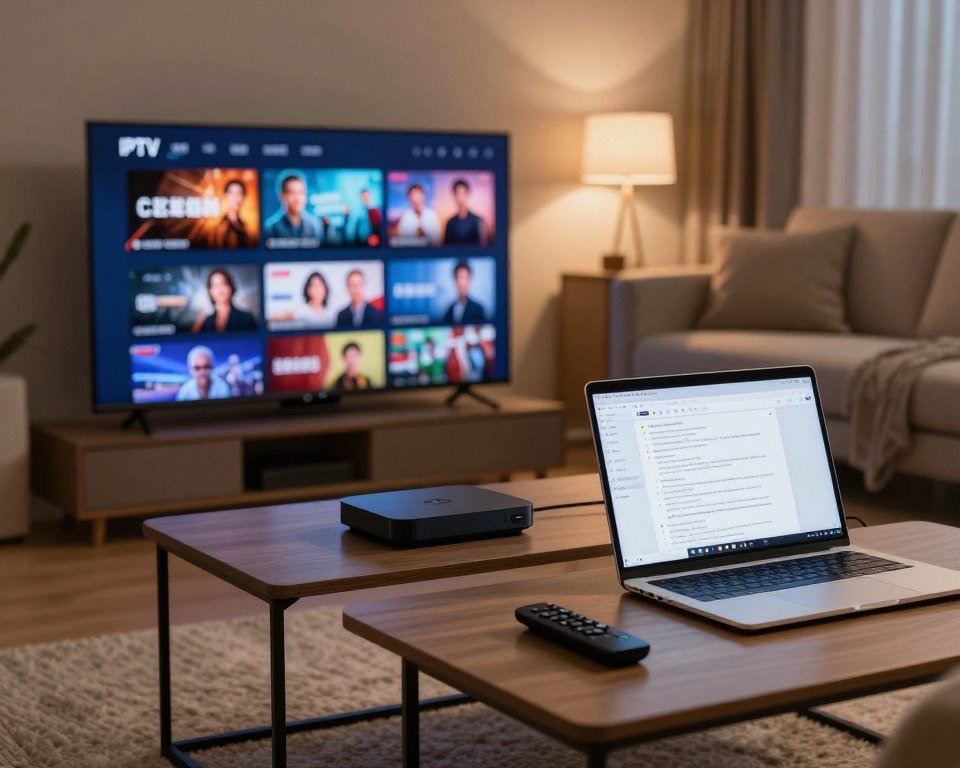 A sleek, modern workspace featuring an IPTV setup in the foreground, showcasing a high-definition television with vivid visuals of popular TV channels. A laptop sits beside the TV, displaying technical specifications on a document with clear bullet points and graphs. In the middle ground, a stylish coffee table with IPTV-related gadgets, such as a streaming device and remote control, adds a touch of sophistication. The background features a contemporary living room with a cozy sofa and soft, ambient lighting, creating an inviting atmosphere. Use a warm color palette to enhance the comfort of the scene, and use a wide-angle lens effect to capture the entire setup, showcasing both technology and a comfortable viewing experience. The mood is professional yet relaxed, reflecting the essentials of IPTV technical support and specifications.