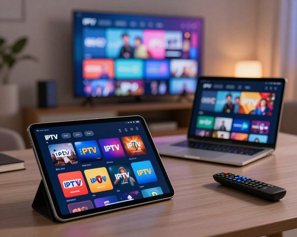 A sleek, modern workspace showcasing various IPTV subscription options. In the foreground, a stylish tablet displays a colorful interface with different IPTV packages highlighted, including various pricing tiers and features. The middle ground features a laptop open with a streaming service ready to play, alongside a remote control. In the background, a large flat-screen TV shows a vibrant live television broadcast. Soft, ambient lighting enhances the tech-savvy atmosphere, with a focus on clarity and professionalism. Use a shallow depth of field to keep the foreground sharp while gently blurring the background. The overall mood should be inviting and dynamic, suggesting convenience and modern entertainment solutions for users.
