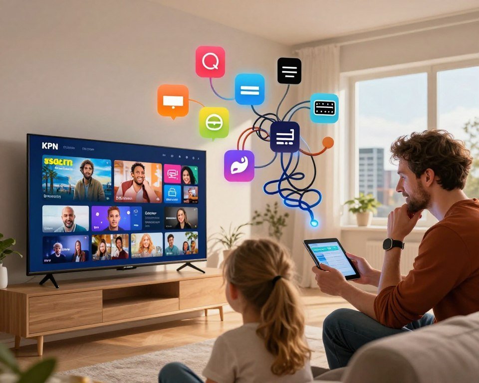 A split-image composition showcasing the advantages and challenges of KPN IPTV in the Netherlands. In the foreground, a smiling family gathered around a modern smart TV, enjoying streaming content, illustrating the benefits of convenience and variety. Beside them, a thoughtful man examines a tablet, reflecting on connectivity issues, symbolizing the challenges of IPTV technology. In the middle, vibrant icons representing benefits like high-definition quality, diverse channels, and interactive services float seamlessly. In contrast, symbolic elements like buffering icons and tangled cables represent challenges. The background features an urban landscape with KPN branding subtly integrated, under a warm, inviting light that suggests comfort and innovation. Use a wide lens angle to capture depth and make the scene engaging and relatable.