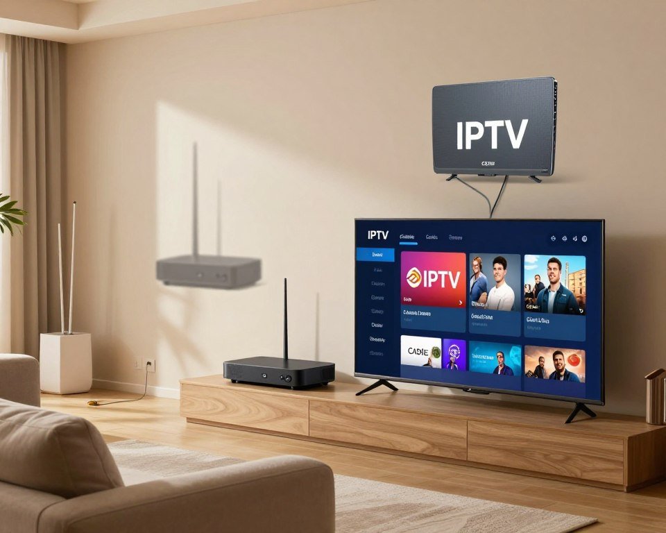 A split-scene visualization illustrating the advantages of IPTV over Cable and Satellite. In the foreground, a modern living room with comfortable seating, featuring a sleek TV displaying vibrant streaming content. The middle section shows an IPTV device with intuitive interface, alongside traditional Cable and Satellite boxes blurred in the background, signifying their obsolescence. Surrounding the scene, elements like antennas and coaxial cables illustrate the limitations of older technologies. Soft, warm lighting creates an inviting atmosphere, while the angle captures the entire setting in a wide shot, emphasizing the transition to advanced technology. The mood is optimistic and forward-looking, representing innovation in home entertainment.