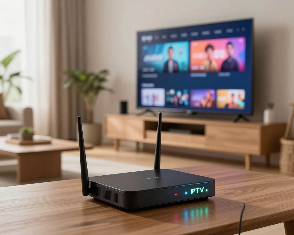 A stable IPTV connection depicted in a modern, tech-oriented environment. In the foreground, showcase a sleek, high-tech router with glowing indicators, emphasizing connectivity. The middle ground features a contemporary living room with a large smart TV displaying a streaming interface, subtly hinting at vibrant IPTV content. The background comprises a cozy, well-lit home atmosphere, with soft natural light streaming through a window, creating a warm ambiance. Use a wide-angle perspective to capture the scene's depth, and employ soft focus on the edges to draw attention to the router and TV. The overall mood should evoke reliability, comfort, and modern technology, symbolizing a strong foundation for uninterrupted viewing experiences.