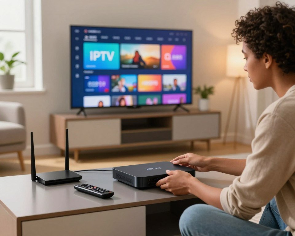 A step-by-step installation guide for IPTV, set in a modern living room. In the foreground, a person of diverse ethnicity in smart casual attire is attentively setting up a sleek IPTV box on a stylish entertainment center, surrounded by various electronic devices like a remote control, and an internet router. In the middle ground, a large flat-screen TV displays a colorful IPTV interface showcasing channel options. The background features a cozy atmosphere, with soft grazing natural light filtering through a window, casting gentle shadows, and decorative plants adding a touch of warmth. The overall mood conveys a sense of clarity and ease, inviting viewers to engage in the installation process with confidence.