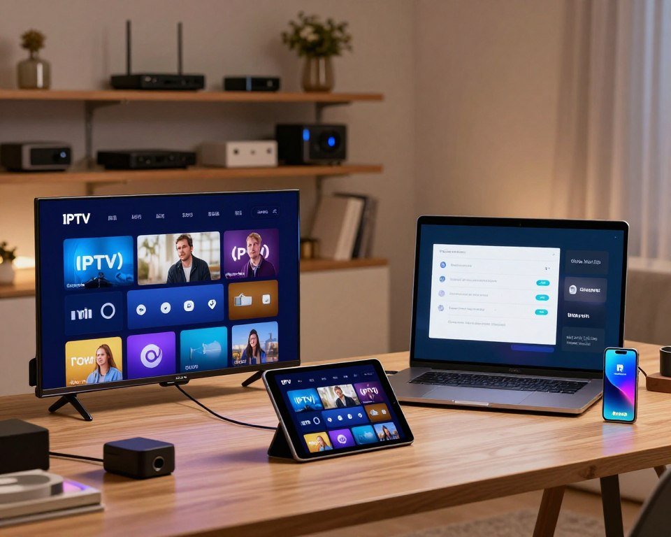A stylish, modern workspace featuring diverse electronic devices to symbolize compatibility requirements for IPTV Smarters Player. In the foreground, well-organized devices like smart TVs, tablets, and smartphones are showcased, each displaying the IPTV interface lightly illuminated. The middle ground includes a sleek laptop with an open screen showing installation steps, surrounded by cables and accessories. In the background, a softly blurred shelf filled with networking equipment and a cozy, minimalistic room decor creates a warm atmosphere. Soft ambient lighting highlights the technology while maintaining a professional tone. The image captures a sense of readiness and technology integration, appealing for an audience seeking clarity on device compatibility.
