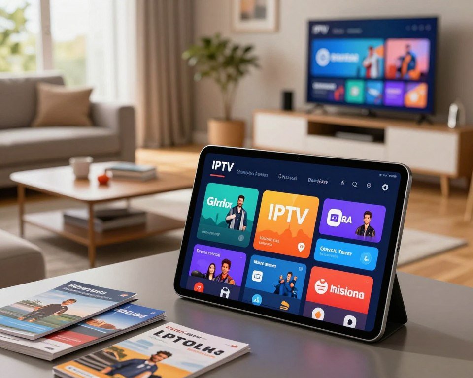 A vibrant and informative scene depicting a layout of various Dutch IPTV packages and subscriptions. In the foreground, a sleek modern tablet displays a colorful interface of IPTV options, showcasing multiple icons representing popular channels and packages. The middle ground features a contemporary living room setting with a comfortable sofa, a coffee table cluttered with telecom brochures, and a stylish entertainment unit. In the background, large windows let in warm natural light, creating an inviting atmosphere. The overall mood is professional yet relaxed, embodying a sense of modern technology and convenience. The image is captured from a slightly elevated angle to give a clearer view of the IPTV interface while maintaining focus on the home setting.