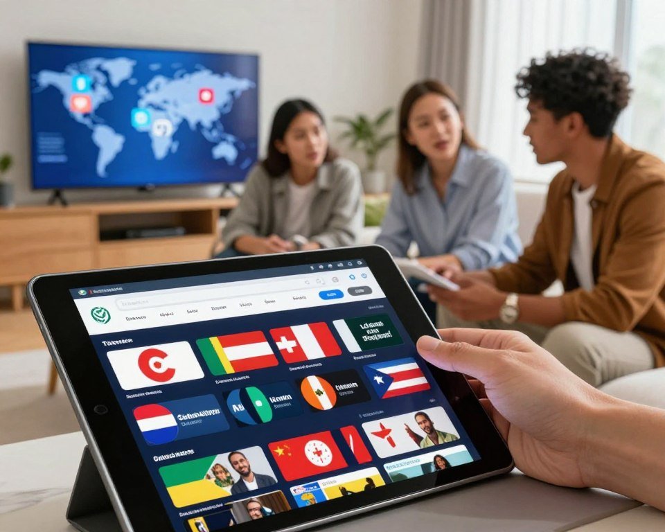 A vibrant digital collage representing international content and multilingual support. In the foreground, a sleek tablet displaying various streaming platforms with diverse interface languages, showcasing flags from different countries. In the middle ground, a group of three professionals of diverse ethnicities, dressed in smart-casual attire, engaged in a discussion over the tablet, highlighting collaboration and cultural exchange. The background features a modern, bright living room with a large screen TV showing a world map with streaming content icons. Soft, natural lighting from a window enhances a welcoming atmosphere. The image conveys innovation, connectivity, and inclusivity in digital media access.
