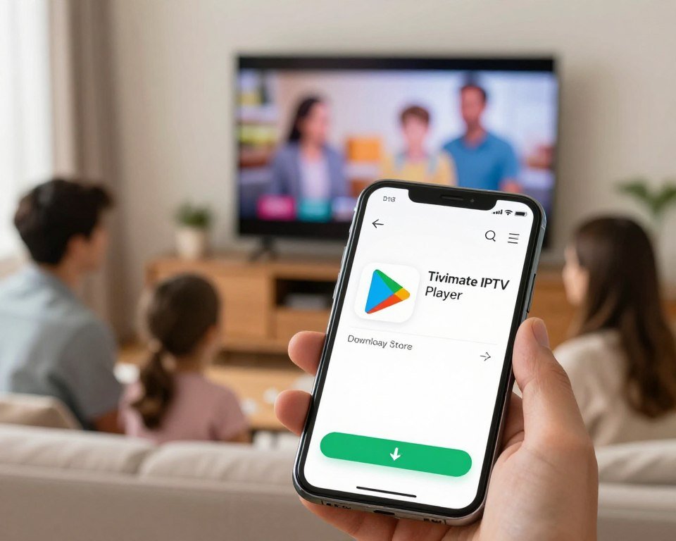 A vibrant illustration of a smartphone displaying the Google Play Store interface, prominently featuring the Tivimate IPTV Player app in the download section. In the foreground, the smartphone is angled slightly, with a clear view of a colorful app icon and a download button that appears to be in progress. The middle ground showcases a cozy living room setting with soft lighting, creating a welcoming and relaxed atmosphere. In the background, a blurred TV set indicates streaming in progress, with family members engaged and enjoying the content. Use natural lighting to enhance the warm ambiance, with a shallow depth of field focusing on the smartphone while maintaining a smooth bokeh effect for the surrounding elements. No text or logos should be visible.