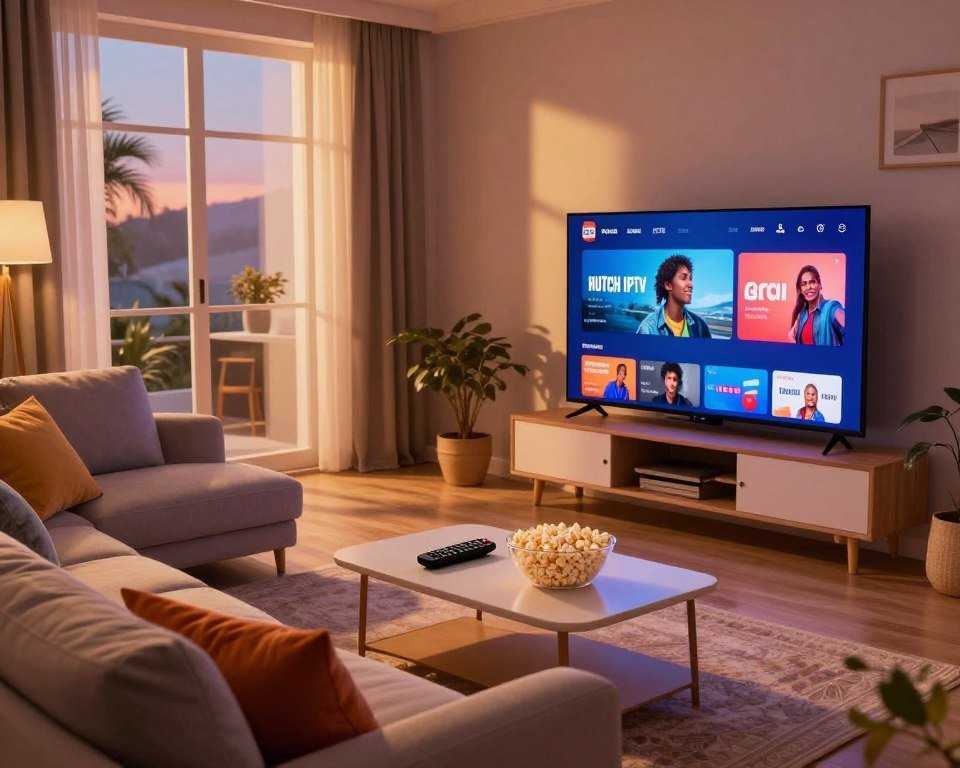 A vibrant living room scene showcasing a modern setup for IPTV viewing. In the foreground, a sleek flat-screen television displays a stunning, crisp image illustrating high-definition streaming quality. The TV emits a soft glow, enhancing the cozy atmosphere. A comfortable sofa, adorned with colorful cushions, invites relaxation. In the middle ground, a stylish coffee table holds a remote control and popcorn, suggesting a movie night. The room is bathed in warm, ambient lighting, creating a welcoming and inviting mood. In the background, large windows with curtains partially drawn allow natural light to filter through, casting soft shadows. The overall ambiance is modern, lively, and family-friendly, emphasizing the clarity and benefits of a Dutch IPTV subscription.