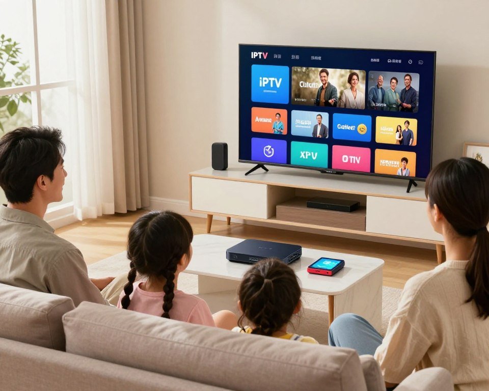 A vibrant, modern living room scene showcasing the benefits of an IPTV subscription. In the foreground, a family of four—two adults and two children—are comfortably seated on a stylish couch, engaged with a large flat-screen television that displays various streaming content icons. In the middle ground, a sleek IPTV box is placed elegantly on a modern entertainment unit, with colorful streaming devices scattered around. The background features a cozy window with bright natural light streaming in, enhancing the welcoming atmosphere. Use warm lighting to create a friendly and inviting mood, with a slightly angled view to capture both the family’s interaction and the technology in use. Aim for a high-resolution image that reflects a happy, tech-savvy household.