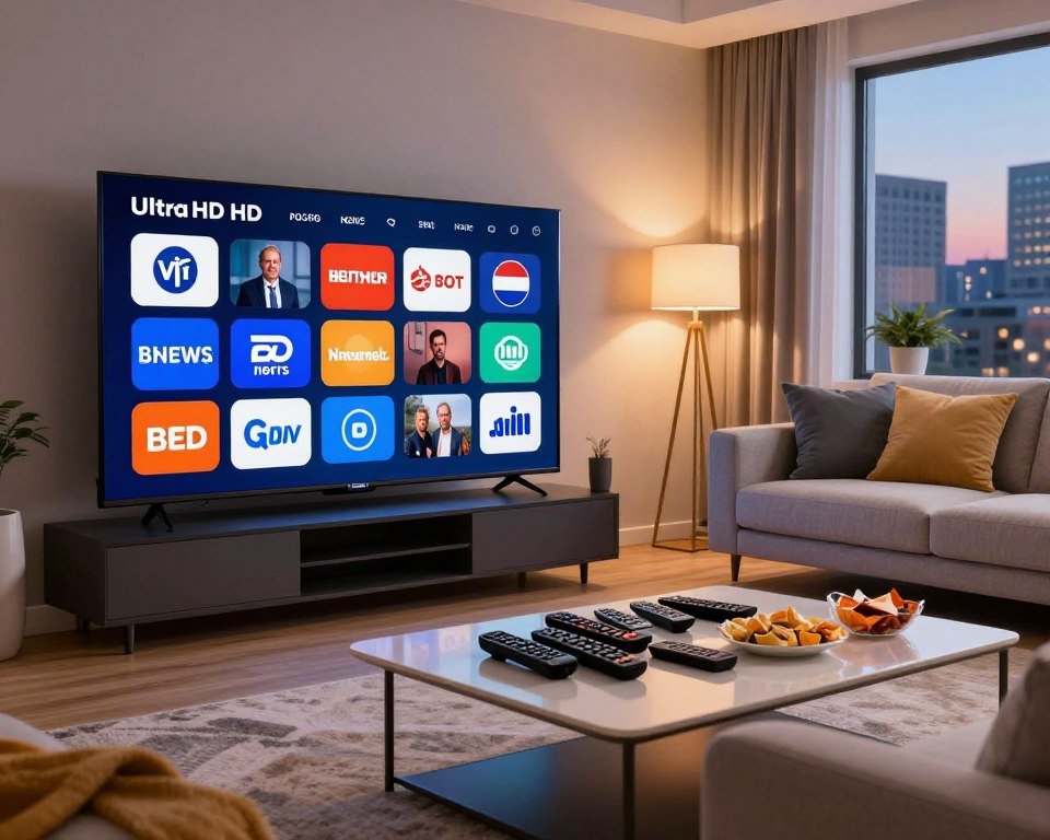 A vibrant, modern living room setting designed for a comfortable IPTV viewing experience. In the foreground, a sleek, ultra-HD flat-screen TV showcases an array of logos representing various Dutch and international channels, such as news, sports, and entertainment. The middle ground features a stylish sofa adorned with pillows, and a coffee table cluttered with remote controls and snacks. In the background, soft, ambient lighting enhances the cozy atmosphere, with a window revealing a glimpse of a contemporary cityscape at dusk. The scene conveys a sense of relaxation and excitement, inviting viewers to discover diverse content options available through IPTV services. The image should be bright and inviting, with a focus on clarity and detail, emphasizing the variety of channels.
