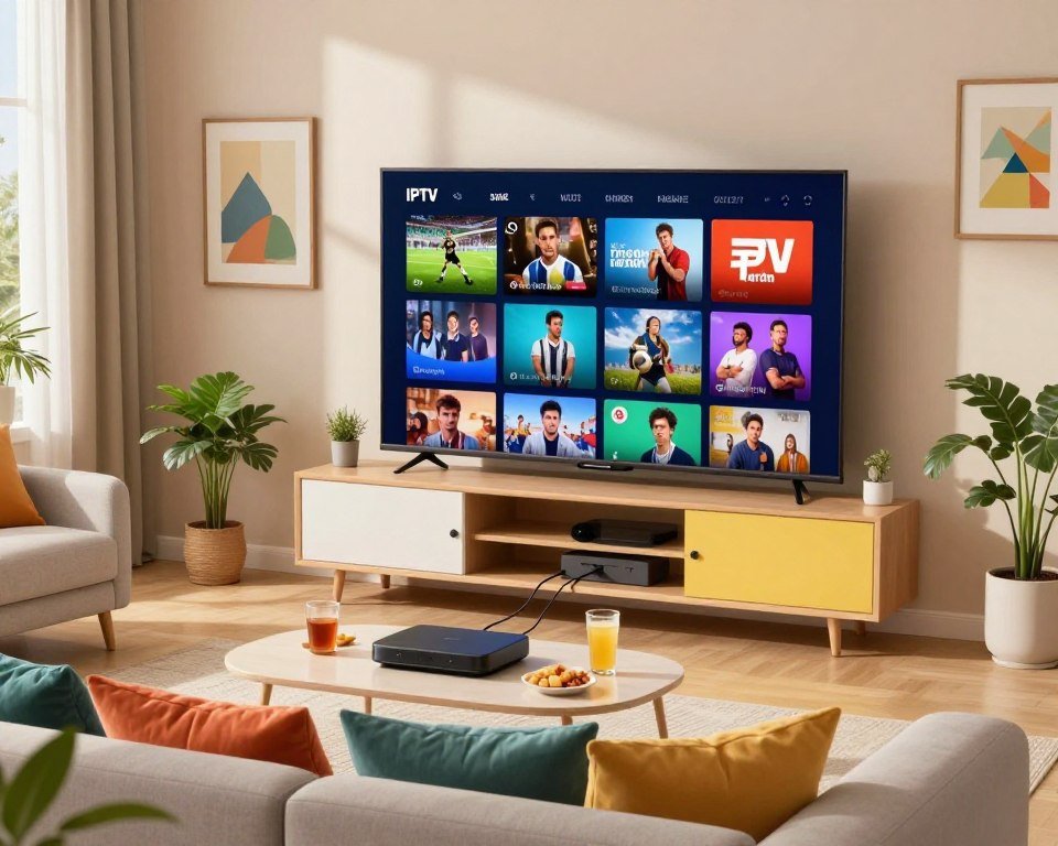 A vibrant, modern living room setting, featuring a large flat-screen TV displaying a collage of different IPTV channel icons, showcasing a variety of genres like sports, movies, and documentaries. In the foreground, a cozy sofa is adorned with colorful cushions, surrounded by a coffee table with snacks and drinks. In the middle, a stylish entertainment unit holds a streaming device, with cables neatly arranged. The background features a tasteful decor with framed art and houseplants, creating a warm, inviting atmosphere. Soft, natural lighting filters in through a window, casting gentle shadows and highlighting the bright colors of the room. The scene evokes a sense of entertainment and comfort, perfect for enjoying diverse content offerings.