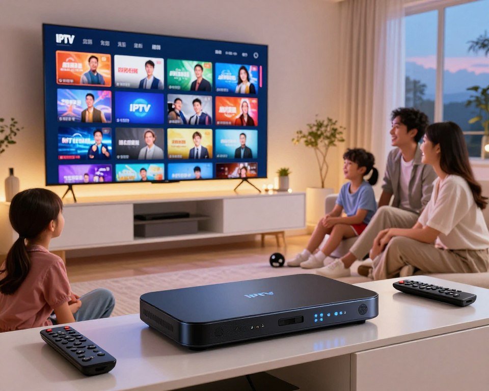 A vibrant, modern room featuring a large screen displaying an IPTV stream with a variety of live TV channels. In the foreground, a stylish IPTV player is prominently placed on a sleek media console, with remote controls and digital devices scattered around. The middle layer shows a family of three, dressed in casual yet smart attire, enjoying their time together as they watch their favorite shows on the screen, smiling and engaged. In the background, soft ambient lighting enhances the inviting atmosphere, while a window reveals a serene evening outside. The image is well-lit, showcasing a warm, cozy vibe. Capture this scene from a slightly angled perspective to emphasize the connection between the family and the technology.
