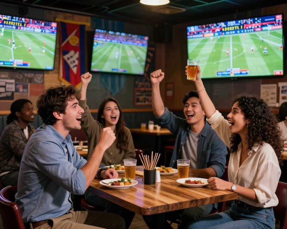 A vibrant sports bar scene filled with excitement, showcasing a diverse group of people cheering for live sports events on multiple large screens. In the foreground, a man in a business casual outfit is animatedly discussing the game with a friend, while a woman in a smart casual outfit raises a drink in celebration. In the middle ground, additional patrons are seated at high tables, many with eyes glued to the screens displaying thrilling moments from various sports. The background features colorful banners representing different sports leagues, with warm lighting creating an inviting atmosphere. The scene captures the camaraderie and energy of sports enthusiasts enjoying live events through IPTV, with a focus on community and shared experiences.