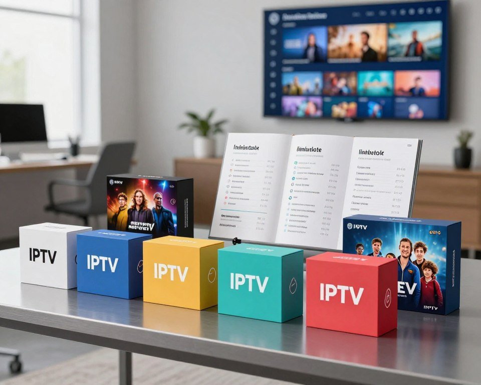 A visually appealing arrangement of diverse product packages representing IPTV options in a modern, professional setting. In the foreground, vibrant and colorful boxes illustrate various IPTV subscription tiers and services, each uniquely designed with icons and visuals reflecting different content genres such as sports, movies, and family entertainment. The middle ground features a sleek, metallic table displaying informative brochures and pricing charts that emphasize affordability and variety. The background showcases a clean, well-lit office environment with a large screen displaying example IPTV interfaces. Soft, diffused lighting creates a welcoming atmosphere, highlighting the products' features. The image captures the essence of choice in IPTV services, inviting viewers to explore further.