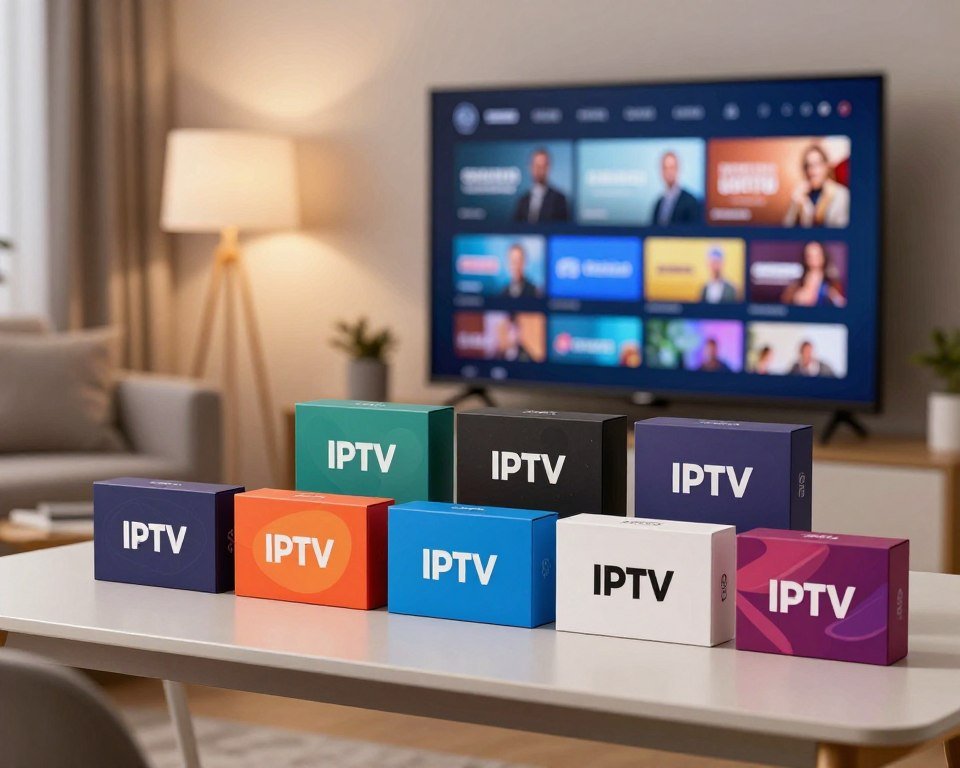 A visually appealing composition featuring a selection of colorful IPTV subscription packages laid out on a modern, stylish desk. In the foreground, neatly arranged boxes represent various IPTV offers, each adorned with distinctive graphics and icons symbolizing different channels and services. In the middle ground, a sleek television screen displays a welcoming user interface showcasing diverse content options. The background includes soft-focus elements like a cozy living room setting, complete with a comfortable sofa and ambient lighting that creates a warm, inviting atmosphere. The lighting should be soft and even, highlighting the packages without harsh shadows, evoking a sense of modern entertainment and technology. Ensure a professional tone, with no people in the scene, focusing solely on the products.