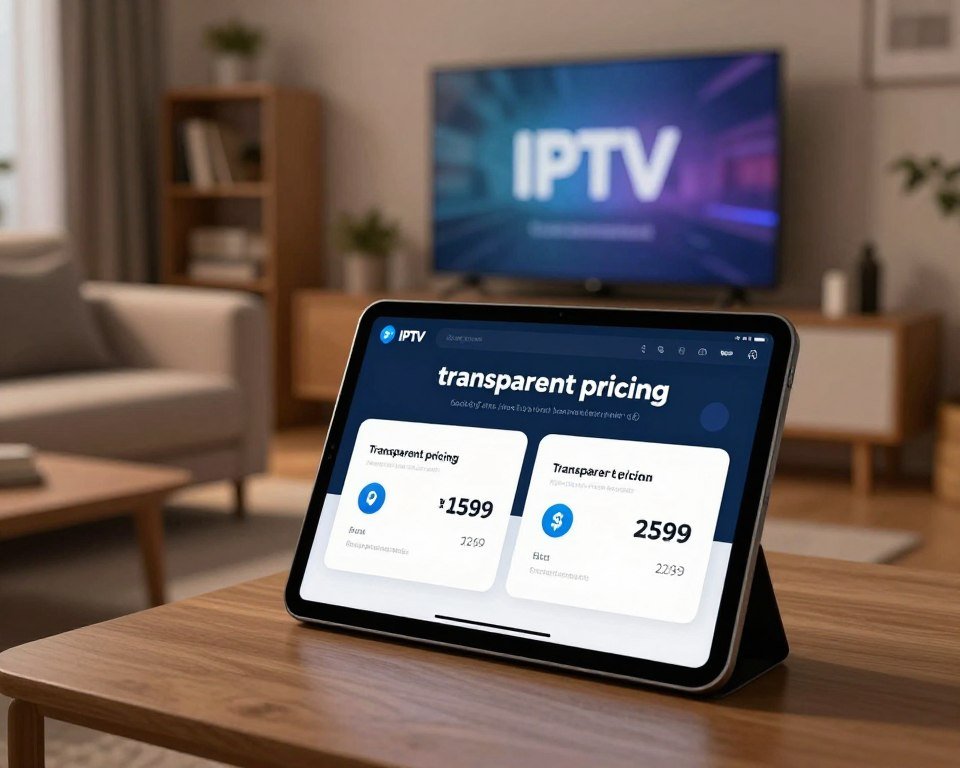 A visually appealing composition showcasing the concept of "transparent pricing" for an IPTV subscription in the Netherlands. In the foreground, a sleek, modern tablet displays a user-friendly interface with clear pricing options, emphasizing affordability and quality. Middle ground features a stylized living room with a comfortable couch and ambient lighting, creating a cozy atmosphere. The background includes elements like a subtle television screen and a decorative shelf with books about media technology. Soft, warm lighting casts gentle shadows, enhancing the inviting mood. The lens should capture the scene with a slight depth of field, focusing on the tablet while keeping the living space inviting yet unobtrusive.