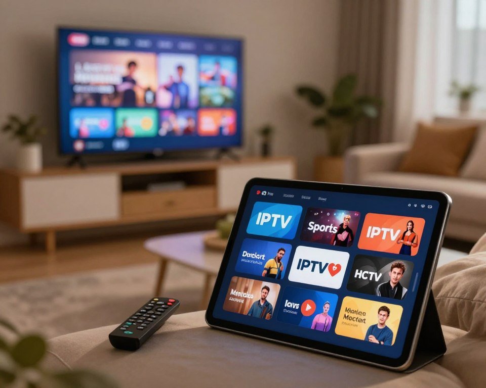 A visually appealing composition showcasing various IPTV subscription options and packages. In the foreground, a sleek tablet displays vibrant icons representing different IPTV plans, including entertainment, sports, and movie genres, arranged in an eye-catching layout. The middle ground features a stylish living room with a modern TV setup, including a remote control and a cozy sofa, inviting viewers to imagine watching their favorite channels. The background is softly blurred to suggest a warm and inviting home environment, with ambient lighting creating a relaxed atmosphere. The scene is captured from a slightly elevated angle to provide depth, emphasizing the tablet and subscription options while maintaining focus on the lifestyle aspect of IPTV viewing.