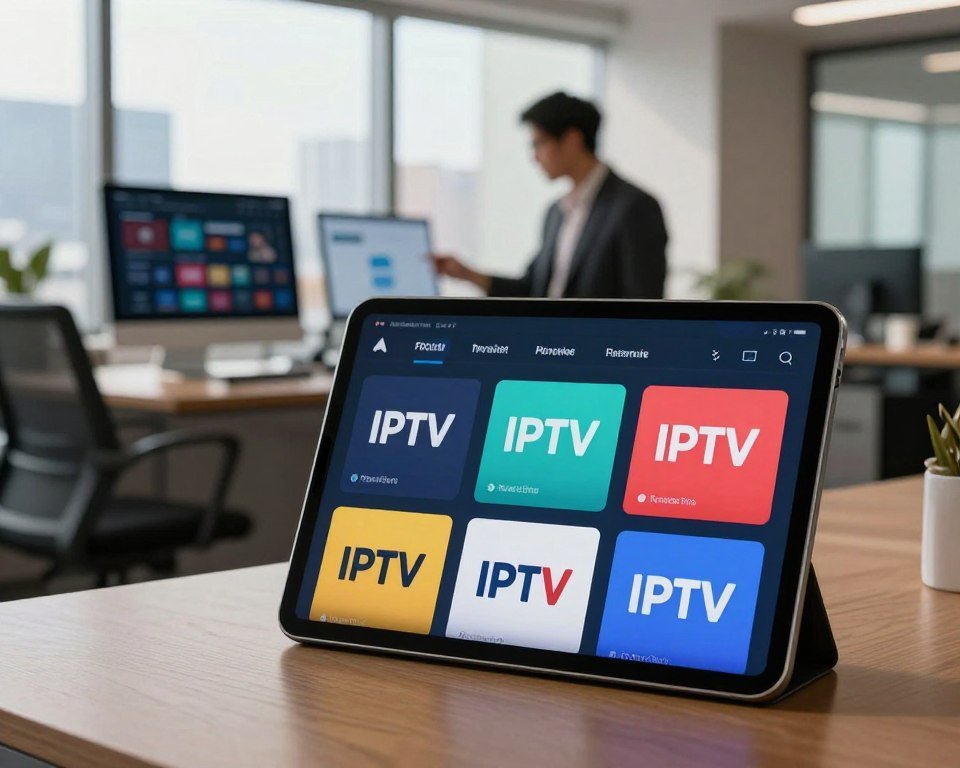 A visually engaging comparison scene featuring multiple IPTV providers, displayed through a sleek digital interface. In the foreground, a modern tablet showcases a split-screen view of various IPTV service logos, each represented in vibrant colors. The middle background features a stylish office workspace with a professional individual in business attire, analyzing the IPTV options. The background includes a large window with cityscape views during the day, allowing natural light to illuminate the space. The atmosphere is focused and analytical, embodying a mood of informed decision-making, with soft shadows and a warm color palette to emphasize a sense of professionalism and clarity.
