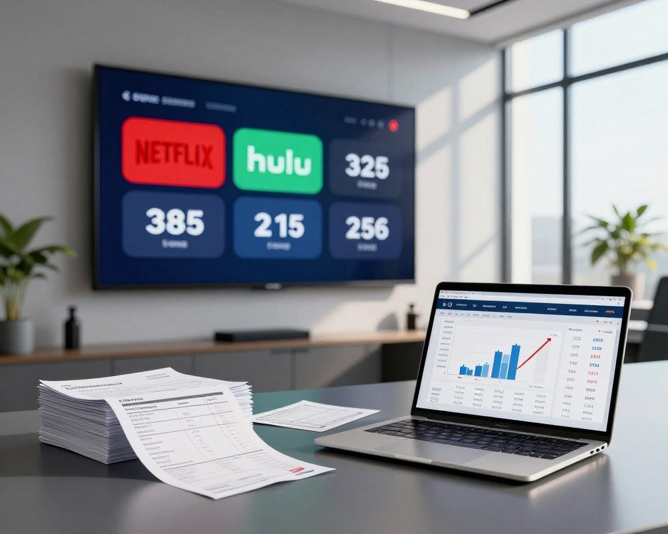 A visually engaging composition illustrating financial comparisons of streaming services, set in a modern office environment. In the foreground, a sleek, polished desk features an open laptop displaying graphs and charts comparing subscription prices. To the left, a stack of invoices and receipts is neatly arranged, symbolizing the costs associated with content consumption. In the middle, a large screen mounted on the wall showcases logos of popular streaming services like Netflix, Hulu, and Disney+ with price tags next to them. The background features large windows allowing natural light to flood the room, creating a professional ambiance. Soft shadows enhance the depth, while a hint of greenery from a potted plant adds a refreshing touch. The overall mood is analytical and focused, inviting the viewer to consider the financial implications of streaming services.
