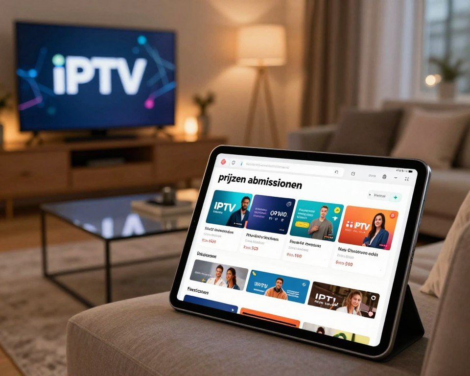 A visually engaging composition illustrating "prijzen abonnementen," with a focus on IPTV subscription details. In the foreground, display a sleek tablet showcasing a digital interface with vibrant IPTV subscription options and pricing tiers, elegantly arranged. In the middle ground, include a modern living room setting with a comfortable sofa, a glossy coffee table, and a flat-screen TV, subtly displaying a streaming IPTV logo. In the background, softly lit ambient light creates a cozy atmosphere, while abstract shapes hint at digital connectivity. Use warm, inviting colors to evoke comfort and accessibility. Capture the scene from a slightly elevated angle, emphasizing the tablet and cozy environment, while ensuring the composition feels inviting and informative.