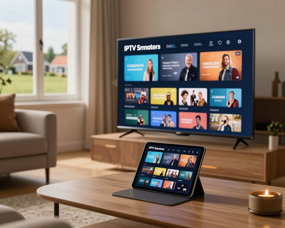 A visually engaging composition showcasing the functionalities of IPTV Smarters in a modern home setting in the Netherlands. The foreground features a sleek, stylish Smart TV displaying the IPTV Smarters interface, with an easy-to-navigate menu filled with various streaming options. A cozy living room with comfortable furniture and soft, warm lighting creates an inviting atmosphere. In the middle ground, a tablet rests on a coffee table, showing the same interface, highlighting its compatibility with multiple devices. The background includes a window revealing a picturesque Dutch landscape. The overall mood is one of convenience and modernity, emphasizing user-friendly technology. Capture this scene with a slightly angled perspective to create depth, using natural light to enhance the warmth of the environment.