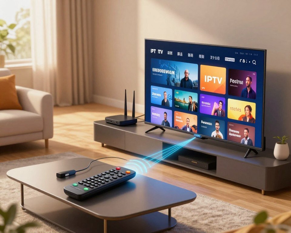 A visually engaging illustration of IPTV technology in action, showcasing a modern living room setup. In the foreground, a sleek smart TV displays a colorful user interface featuring various streaming options. A remote control rests on a stylish coffee table, with digital signals depicted as glowing lines connecting the TV to a router in the background. The middle layer features a contemporary entertainment console with devices like a streaming box and cables. The background consists of a cozy living room atmosphere with warm lighting, soft cushions, and a window with sunlight filtering in. The overall mood is inviting and contemporary, emphasizing the seamless integration of technology into everyday life, captured from a slightly elevated angle for depth.