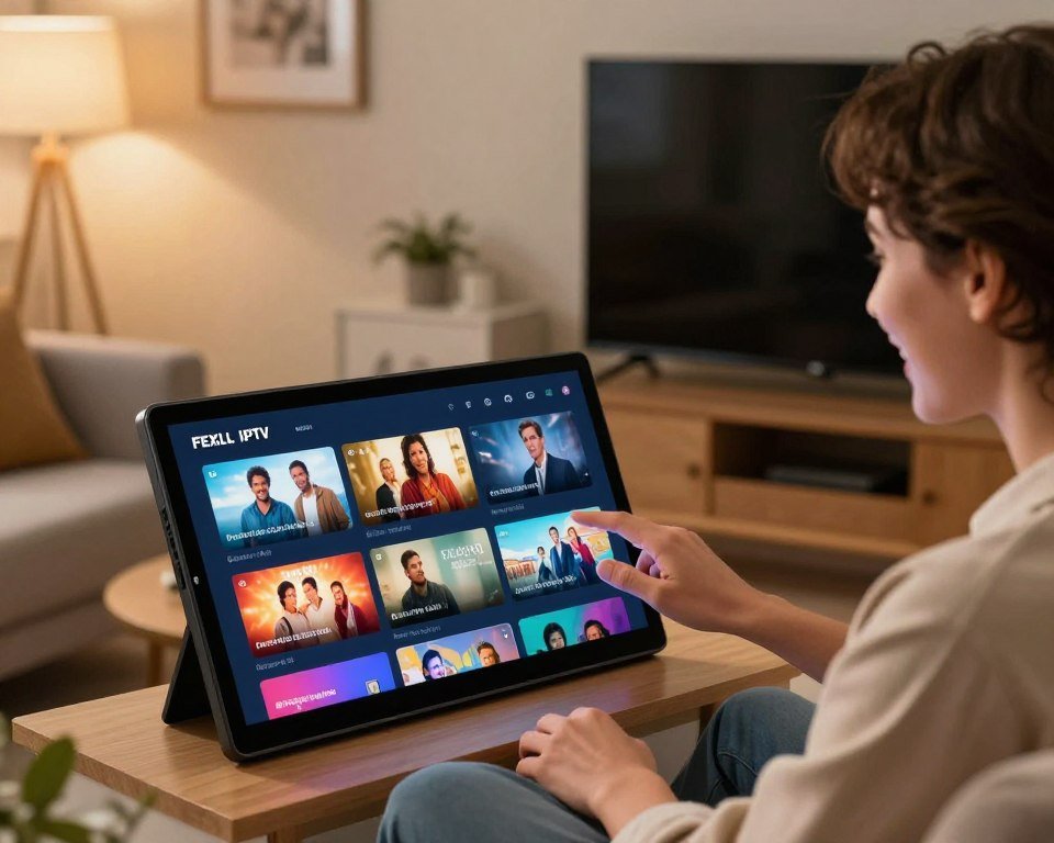 A visually engaging representation of flexible IPTV subscription options. In the foreground, a sleek, modern touchscreen device displaying various IPTV channels with vibrant thumbnails of popular shows and movies. In the middle ground, a satisfied individual, dressed in smart casual attire, interacts with the device, their expression showing excitement and convenience. The background features a cozy living room setting with a stylish couch and a large flat-screen TV, subtly hinting at a family-friendly atmosphere. Soft, warm lighting from a lamp creates an inviting ambiance, casting gentle shadows. Use a slightly elevated angle to capture the scene, emphasizing the connection between technology and home entertainment, conveying a mood of ease and enjoyment.