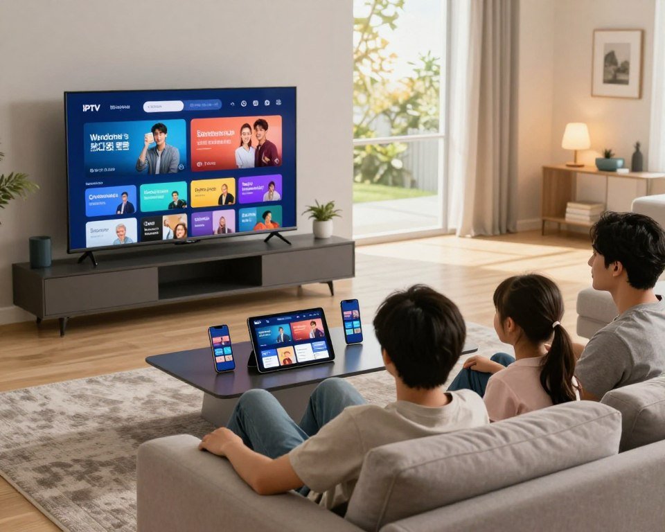 A visually engaging representation of the benefits of modern IPTV services. In the foreground, a sleek, modern living room setting featuring a large flat-screen television displaying vibrant streaming content. A family of four, dressed in casual but neat clothing, sits comfortably on a stylish couch, enjoying their viewing experience together. In the middle ground, various devices like smartphones and tablets showcase different IPTV applications, surrounded by a cozy ambiance enhanced by soft, warm lighting. The background includes bright windows revealing a sunny day outside, symbolizing connectivity and modern technology at home. The overall mood is joyful and relaxed, capturing the essence of family entertainment made accessible and convenient through IPTV. Use a wide-angle lens to create depth and richness in color.