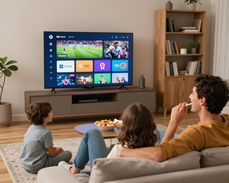 A visually engaging scene depicting a modern living room setting, showcasing a family enjoying IPTV on a large flat-screen television. In the foreground, a cheerful couple in smart casual attire relaxes on a comfortable sofa, engrossed in watching a sports game. Their children are seated on the floor with snacks, looking delighted. In the middle, the TV displays a vibrant interface filled with icons representing various streaming options, highlighting the user experience. The background features a stylish bookshelf and soft lighting, creating a cozy atmosphere. The image should capture a sense of togetherness and enjoyment, with warm tones and focused lighting to evoke a friendly and inviting mood.