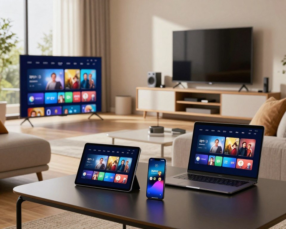 A visually engaging scene showcasing a variety of devices illustrating compatibility, including a smart TV, tablet, smartphone, and laptop, all set in a modern living room environment. The foreground features the devices prominently displayed on a sleek coffee table with their screens lit up, showing different IPTV interfaces. In the middle, a cozy sofa with cushions adds a homey touch, while a stylish entertainment unit in the background holds other gadgets and a wall-mounted TV. Natural daylight streams in through a large window, casting soft shadows and creating a warm atmosphere. The focus is sharp on the devices, with a slight depth of field effect on the background, highlighting a contemporary and inviting space perfect for media consumption.