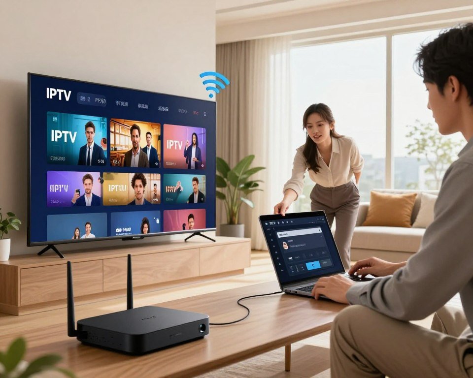 A visually striking and informative scene illustrating the technical requirements for optimal IPTV experience. In the foreground, a modern living room setup featuring a sleek smart TV displaying a vibrant IPTV interface, surrounded by high-tech devices like a router and streaming box. In the middle ground, a person in professional business attire is carefully adjusting the settings on a laptop, symbolizing connectivity and user engagement. The background showcases a cozy, well-lit room with large windows allowing natural light to flood in, creating a warm atmosphere. Include elements like a wall-mounted TV with cables and a Wi-Fi signal icon indicating strong internet connection. The overall mood should be professional yet relaxed, with a sharp focus on technology and connectivity.