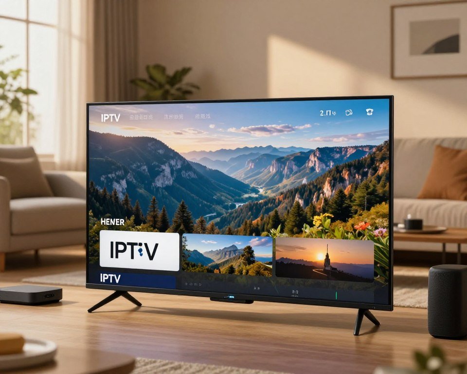 A visually striking composition showcasing the quality and stability of IPTV streams. In the foreground, a sleek modern television displays a vibrant scene from a high-definition IPTV stream, with crystal-clear visuals of a scenic landscape. In the middle ground, a well-furnished living room is visible, featuring comfortable seating and ambient lighting that creates a cozy atmosphere. The background includes a subtle hint of high-tech devices, like a streaming box and smart speakers, emphasizing advanced technology. Soft, warm lighting filters through a window, casting gentle shadows that enhance the sense of relaxation and enjoyment. The overall mood is inviting and engaging, reflecting the superior quality of IPTV services.