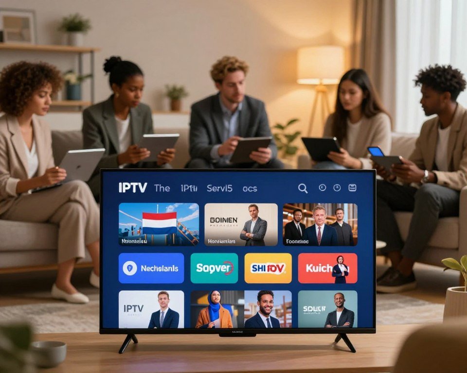 A visually striking composition showcasing the top IPTV services in the Netherlands. In the foreground, depict a sleek, modern television displaying a vibrant IPTV interface filled with icons of popular channels and streaming content. The middle ground features diverse individuals in professional attire, discussing and engaging with digital devices like tablets and smartphones, illustrating collaboration and technology. The background consists of a soft-focus, contemporary living room setting with warm lighting, emphasizing a cozy, inviting atmosphere. Use a wide-angle lens perspective to capture the bustling environment, while maintaining clarity on the IPTV display. The overall mood should convey innovation, accessibility, and the enjoyment of premium entertainment options.