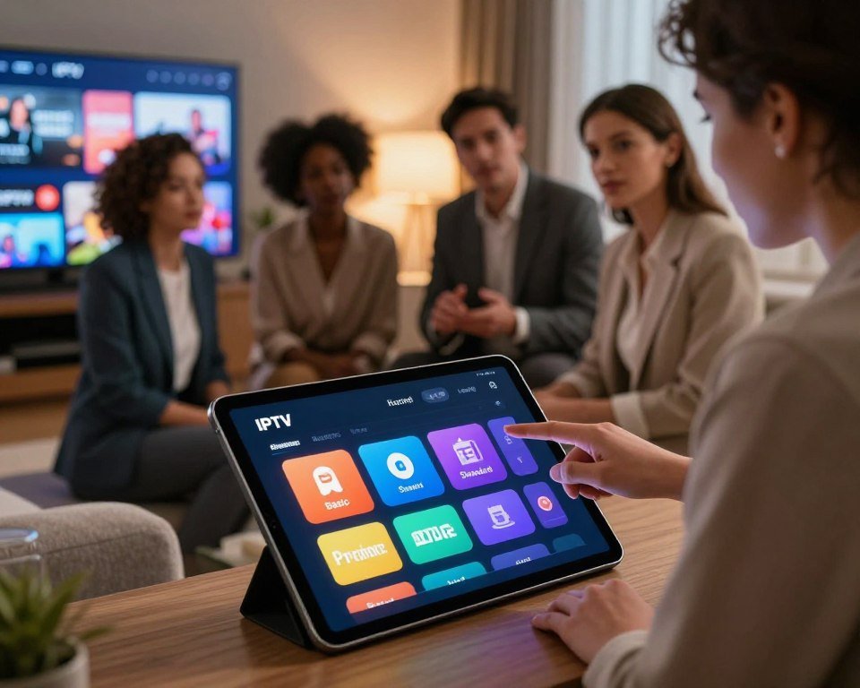 A visually striking illustration of various IPTV subscription plans and pricing options. In the foreground, a sleek, modern digital tablet displays an interactive interface with colorful icons representing different subscription tiers, such as Basic, Standard, and Premium. In the middle ground, a diverse group of three professionals in smart business attire discuss the options, pointing at the tablet. Soft, ambient lighting creates a warm atmosphere, highlighting the tablet and their expressions. The background features a stylish, contemporary living room with a large flat-screen TV, subtly showcasing IPTV content. The angle captures a dynamic perspective from slightly above, giving depth to the scene while maintaining focus on the subscription options, illustrating accessibility and choice for every need.