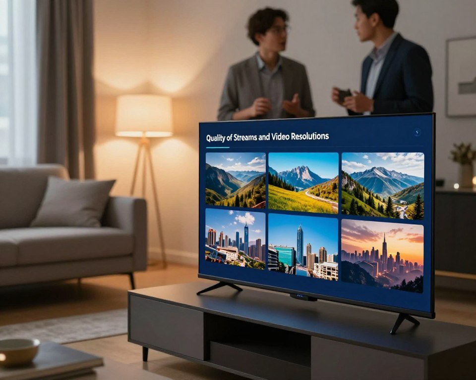 A visually striking image representing "Quality of Streams and Video Resolutions." In the foreground, display an ultra-high-definition display screen showcasing vibrant, crisp images of diverse content, such as landscapes and cityscapes, emphasizing clarity and resolution. The middle ground features a modern living room setup with a sleek, minimalist TV unit and a comfortable couch; soft ambient lighting emanates from stylish lamps, creating a warm atmosphere. In the background, blurred figures of two professionals in business attire observe the screen, engaged in discussion, reflecting the collaborative nature of IPTV technology. The camera angle is slightly elevated, capturing the interaction while highlighting the details of the screen and the overall inviting ambiance. Use a soft focus effect to enhance the mood of sophistication and innovation.