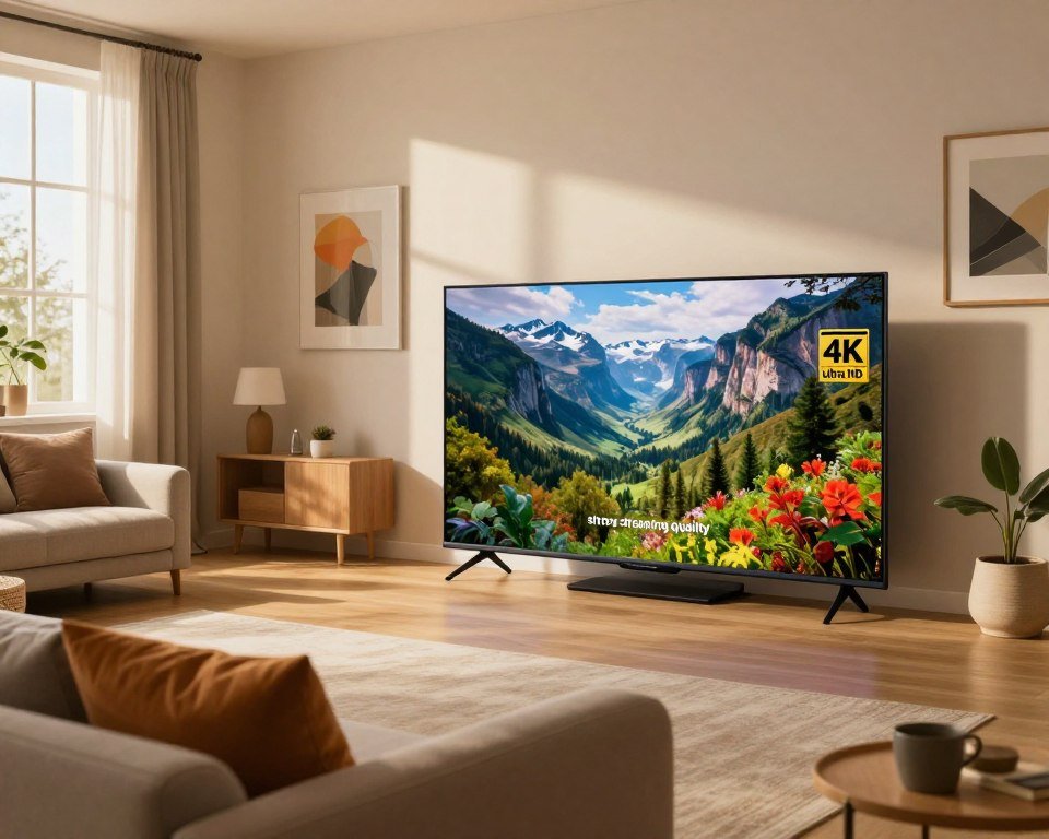 A visually stunning representation of "ultra HD 4K streaming quality," featuring a vibrant living room scene as the foreground. In the middle, a sleek television screen displays a vivid, high-definition image of a nature documentary with detailed textures and vibrant colors. The walls are adorned with modern art, and a cozy sofa with plush cushions sits invitingly. In the background, a softly lit room creates a warm and inviting atmosphere, with sunlight streaming through large windows, casting gentle shadows. Use a wide-angle lens to capture the immersive feel of the environment, showcasing both the advanced IPTV technology and the comfort of home viewing. The overall mood is one of sophistication and modern elegance, emphasizing the superior image quality of IPTV services in the Netherlands.