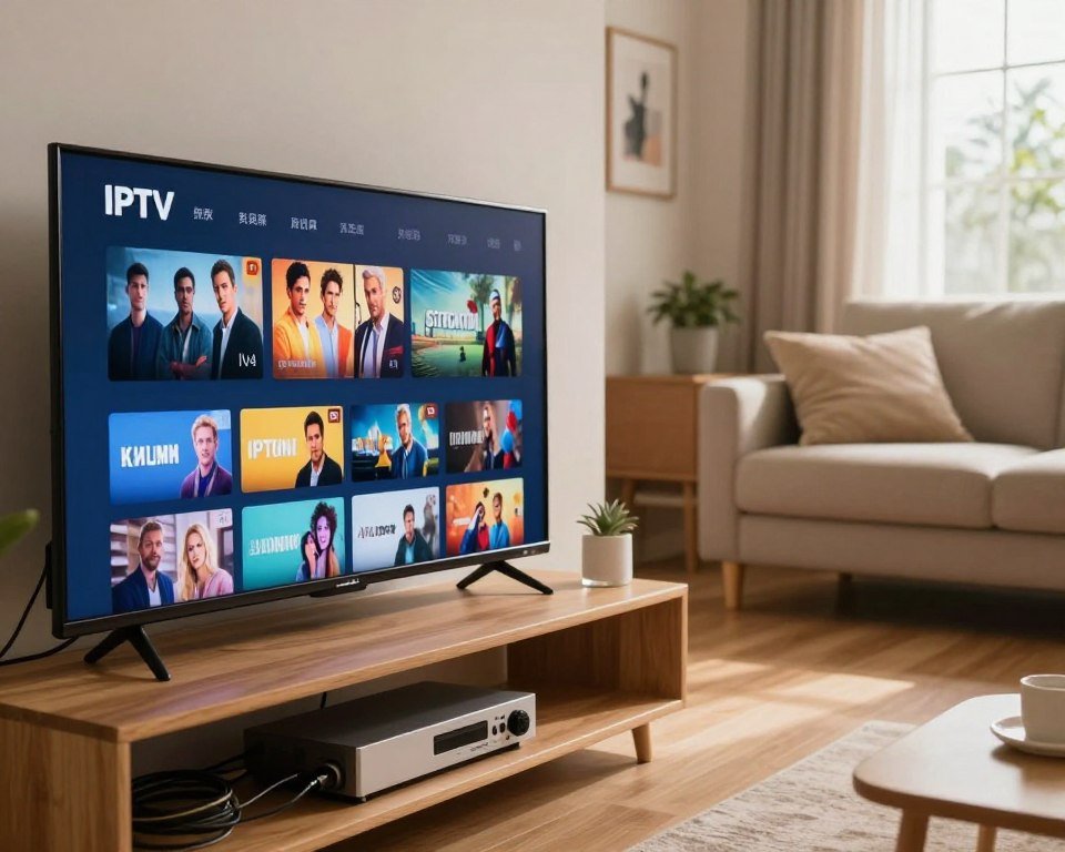 A vivid comparison between traditional cable TV and IPTV, featuring a modern living room setting. In the foreground, a sleek, flat-screen TV displaying an IPTV interface with vibrant thumbnails of shows, illuminated by soft ambient lighting. In the middle ground, an old-fashioned cable box sits on a wooden shelf, with cables visibly tangled, showcasing a contrast in technology. The background features a cozy, well-furnished room with a window allowing natural light to filter in, highlighting a comfortable sofa. The atmosphere is inviting and relaxed, creating a sense of choice between the two viewing experiences. Capture the scene from a slightly angled perspective to emphasize the contrast, with a warm color palette to convey a friendly mood.