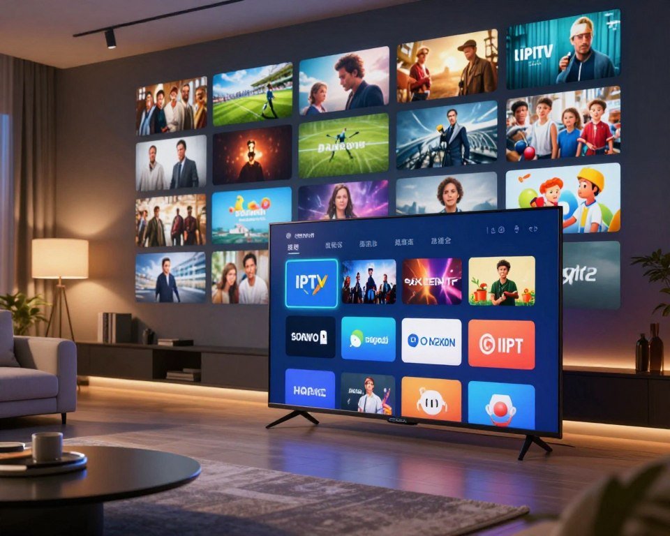 A vivid representation of a diverse array of IPTV content and channels. In the foreground, a sleek modern television displays a vibrant interface filled with various streaming options and channel logos, symbolizing a plethora of entertainment choices. The middle ground features a cozy living room setting, complete with a stylish sofa and ambient lighting, creating an inviting atmosphere. In the background, a captivating wall of digital screens showcases scenes from different genres—movies, sports, documentaries, and children's programming—highlighting the extensive variety available. The lighting is warm and soft, enhancing the inviting mood. The angle is slightly elevated, giving a comprehensive view of the room and screens, encouraging viewers to imagine the possibilities of IPTV subscriptions.