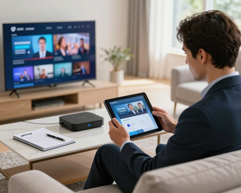 A well-lit, modern living room scene featuring a professional-looking person in business attire, sitting on a comfortable couch while using a tablet to troubleshoot IPTV issues. In the foreground, the person is focused, surrounded by smart devices like a streaming box and a television showing a helpful troubleshooting guide. The middle ground showcases a neatly organized coffee table with technical manuals related to IPTV KPN, along with a notepad and pen for notes. In the background, a window lets in soft, natural light, creating a warm and inviting atmosphere. The overall mood conveys a sense of problem-solving and clarity, emphasizing a professional yet relaxed environment. The camera angle is slightly above eye level, capturing both the individual and the devices effectively.